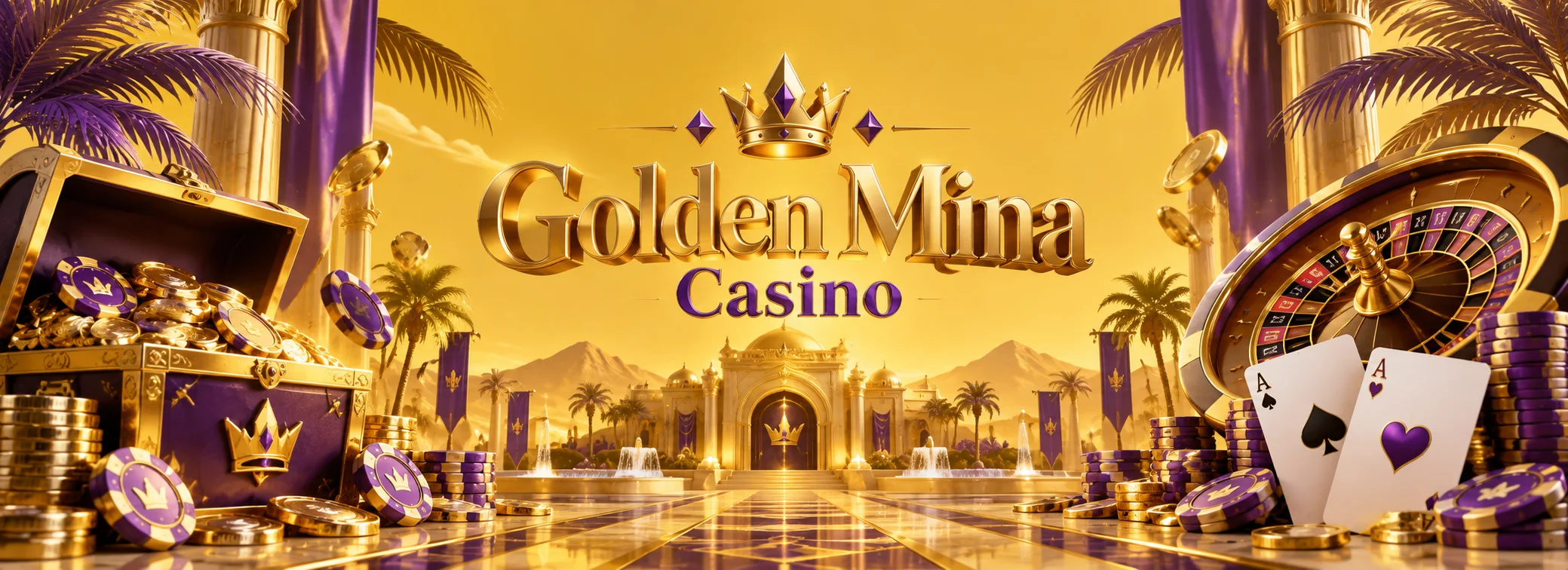 Wordmark Golden Mina su fondo scuro con dettagli oro e viola